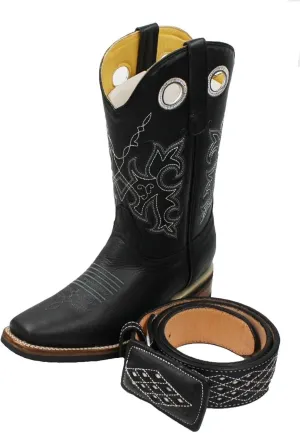 Dona Michi Men's Genuine Cowhide Leather Cowboy Square Toe Rodeo Boots with free belt_Black-6