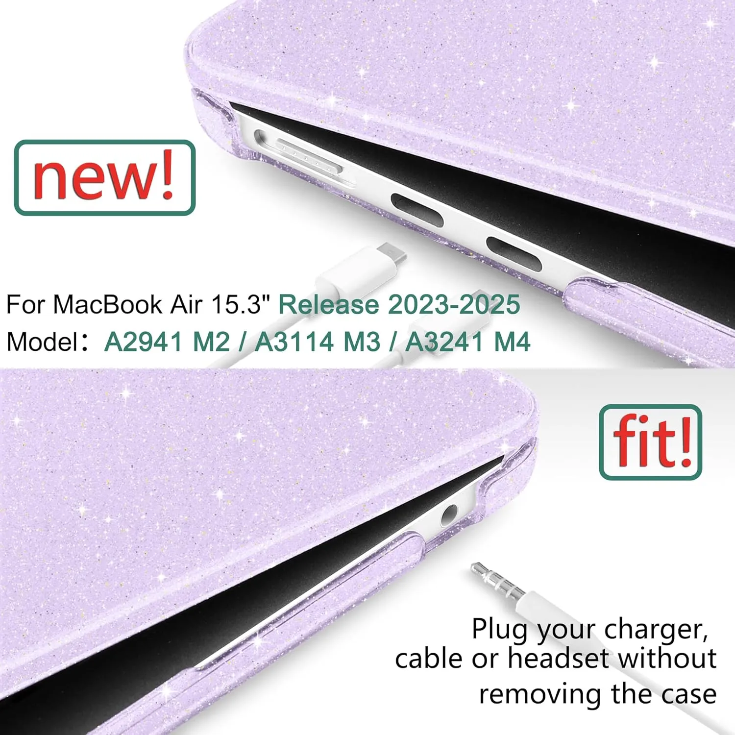 DONGKE Compatible with M4 MacBook Air 15 Inch Case 2025 2024 2023 A3241 A3114 A2941 M3 M2 with Liquid Retina Display & Touch ID, Glitter Sparkly Plastic Hard Shell 15" - Star Purple