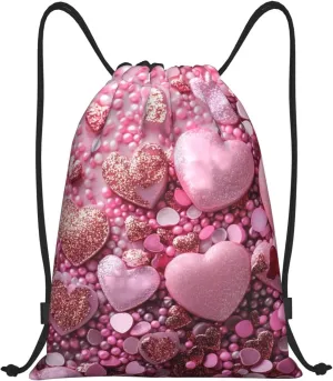 Drawstring Backpack - Pink Glitter Heart Candy Small Drawstring Gym Sports Cinch String Bag Backpack