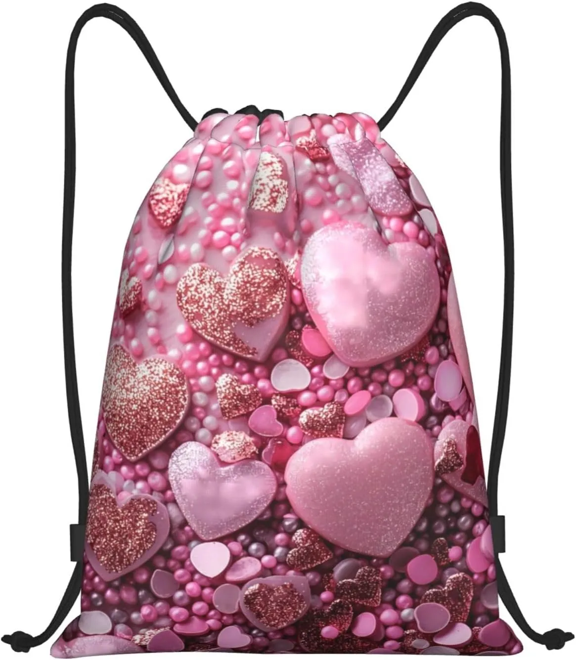 Drawstring Backpack - Pink Glitter Heart Candy Small Drawstring Gym Sports Cinch String Bag Backpack