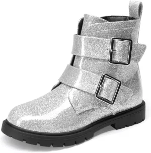 DREAM PAIRS Girls Boys Glitter Ankle Boots Side Zipper Combat Shoes with Buckles Toddler/Little Kid/Big Kid