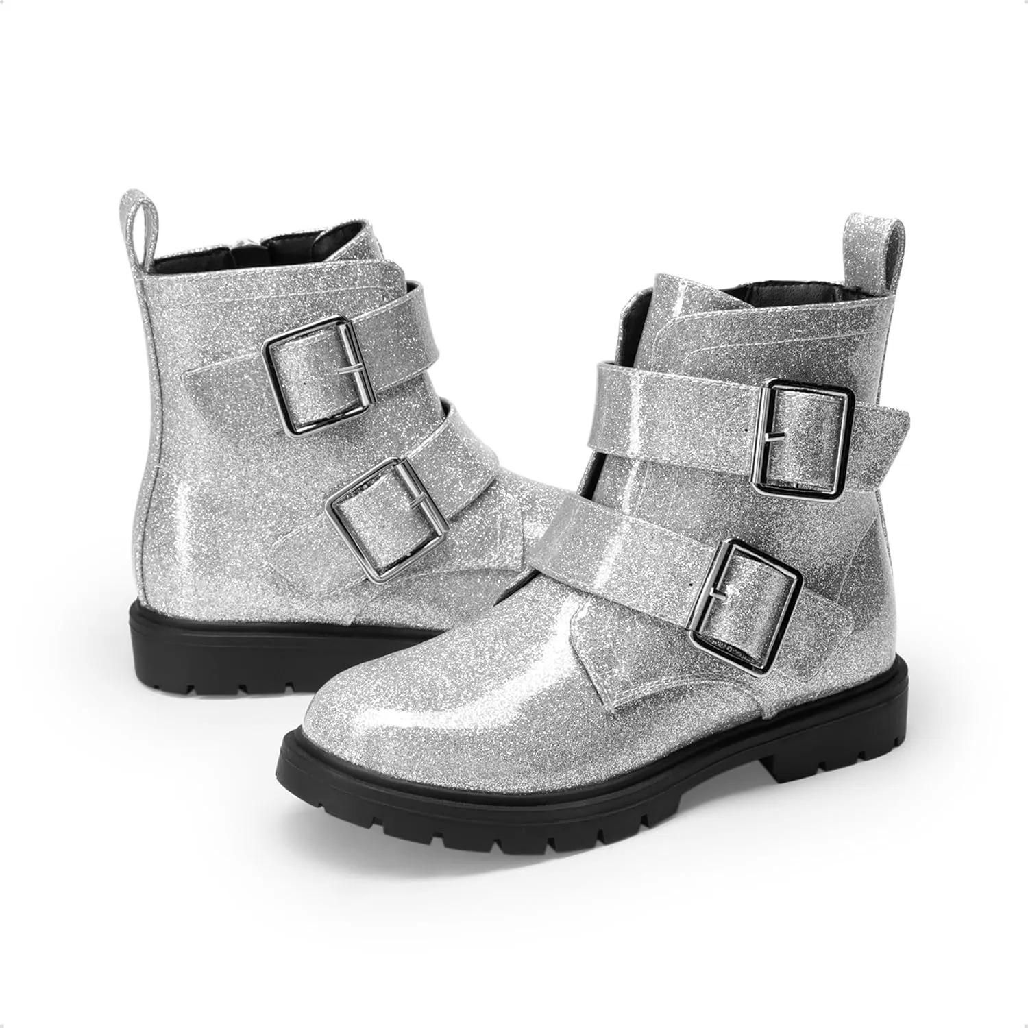 DREAM PAIRS Girls Boys Glitter Ankle Boots Side Zipper Combat Shoes with Buckles Toddler/Little Kid/Big Kid