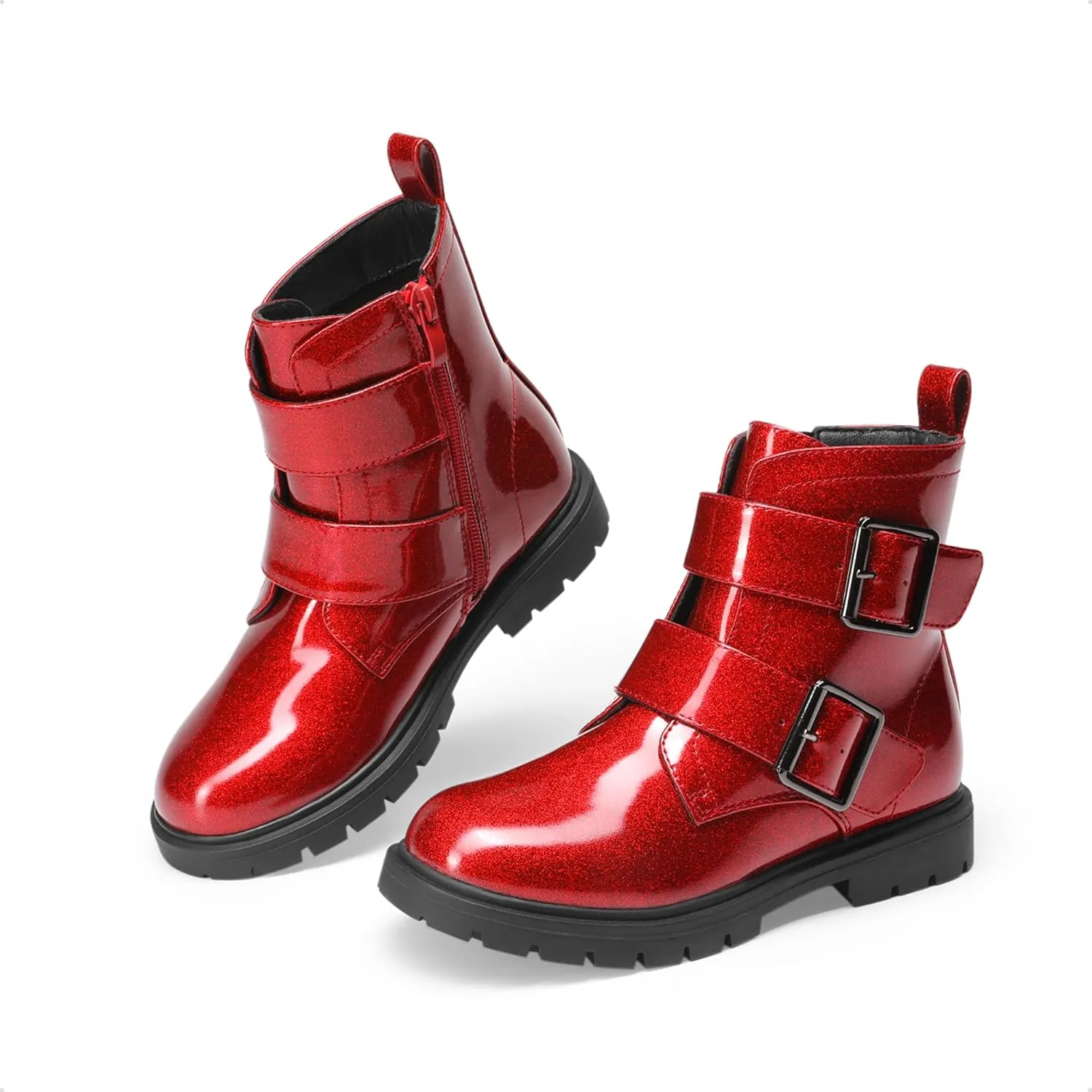 DREAM PAIRS Girls Boys Glitter Ankle Boots Side Zipper Combat Shoes with Buckles Toddler/Little Kid/Big Kid