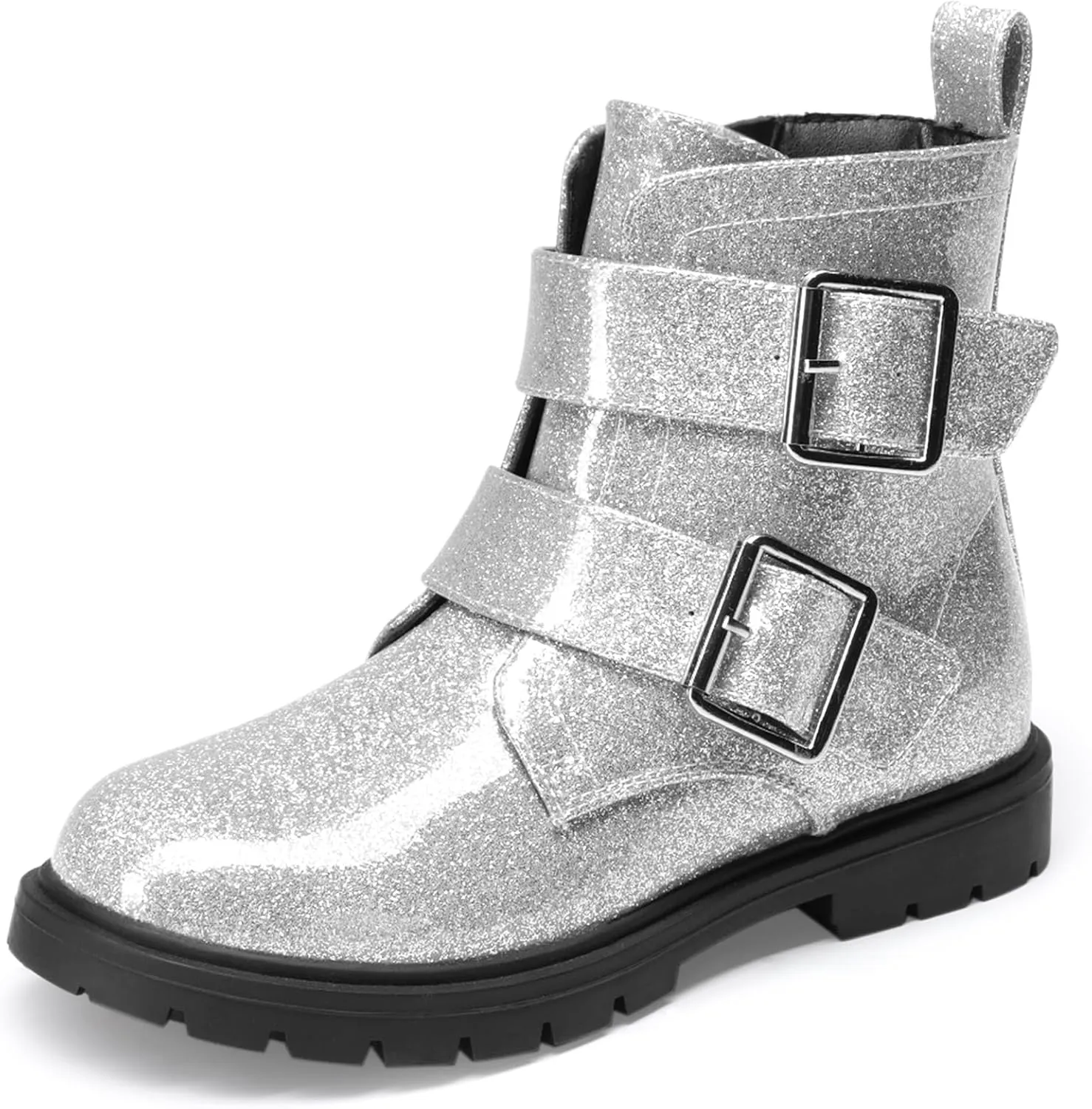 DREAM PAIRS Girls Boys Glitter Ankle Boots Side Zipper Combat Shoes with Buckles Toddler/Little Kid/Big Kid