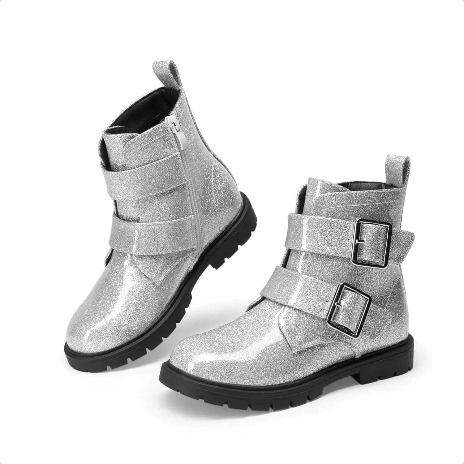 DREAM PAIRS Girls Boys Glitter Ankle Boots Side Zipper Combat Shoes with Buckles Toddler/Little Kid/Big Kid