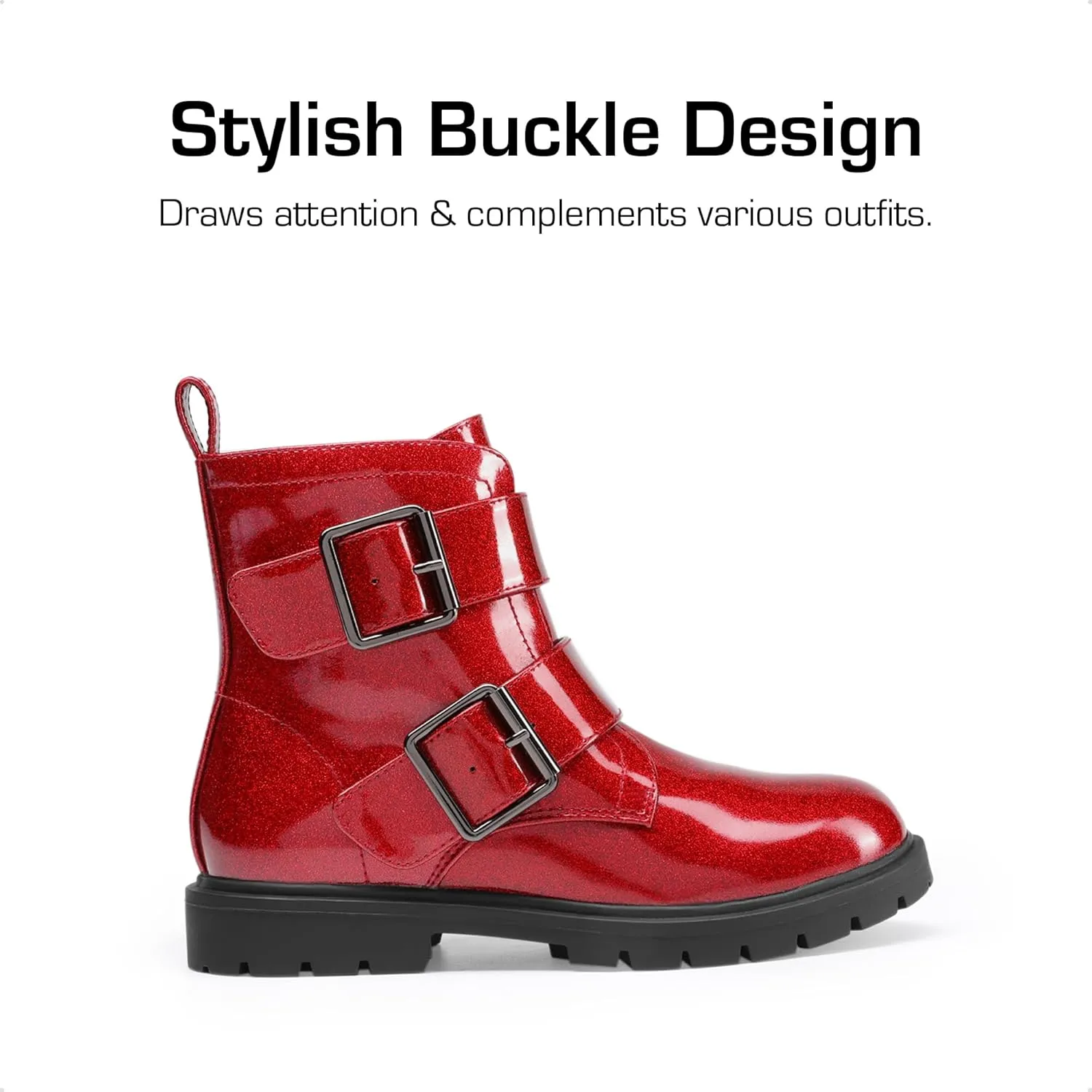 DREAM PAIRS Girls Boys Glitter Ankle Boots Side Zipper Combat Shoes with Buckles Toddler/Little Kid/Big Kid