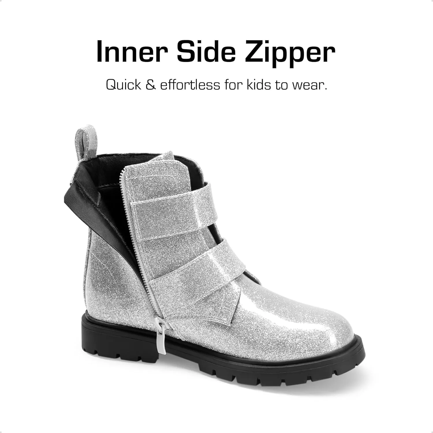 DREAM PAIRS Girls Boys Glitter Ankle Boots Side Zipper Combat Shoes with Buckles Toddler/Little Kid/Big Kid
