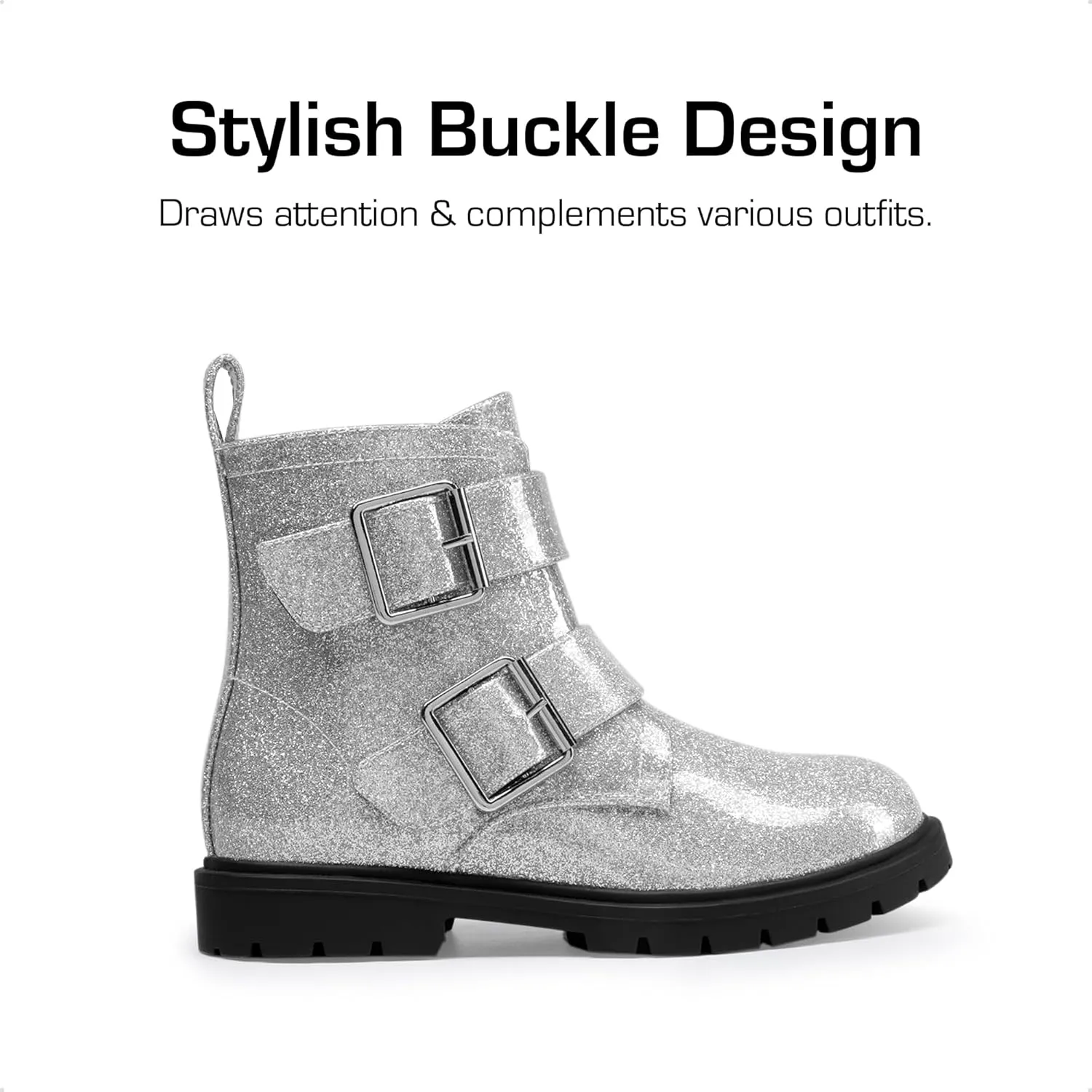 DREAM PAIRS Girls Boys Glitter Ankle Boots Side Zipper Combat Shoes with Buckles Toddler/Little Kid/Big Kid