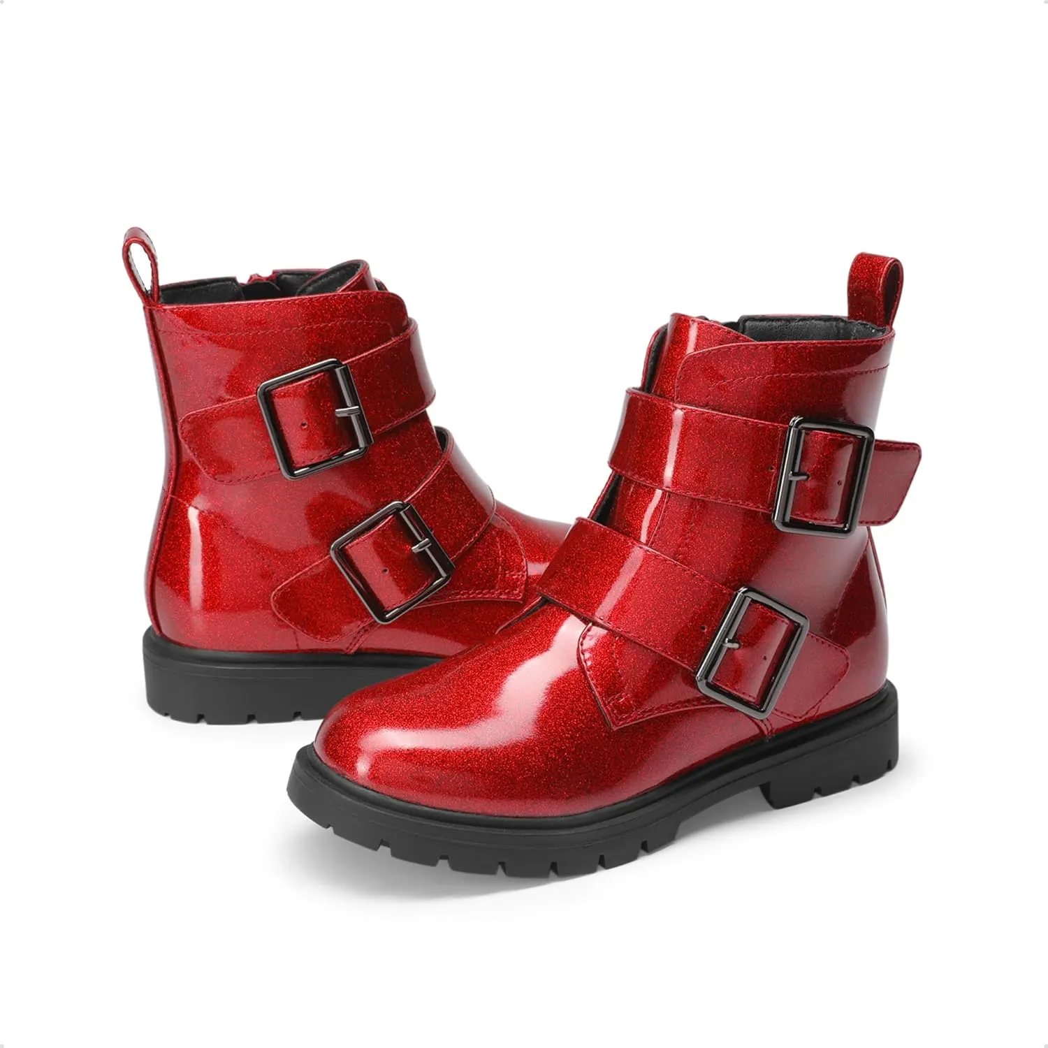DREAM PAIRS Girls Boys Glitter Ankle Boots Side Zipper Combat Shoes with Buckles Toddler/Little Kid/Big Kid