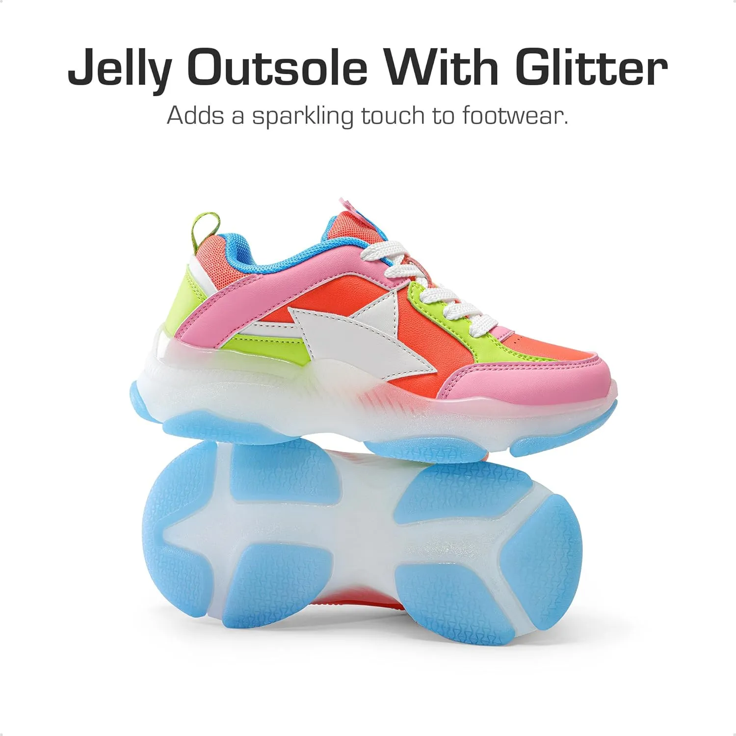 DREAM PAIRS Girls Sneakers Lace up Lightweight Sparkle StarGlow Breathable Jelly Sole Kids Walking Shoes Casual Sports