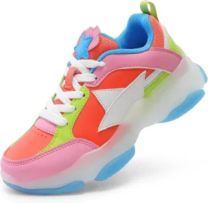 DREAM PAIRS Girls Sneakers Lace up Lightweight Sparkle StarGlow Breathable Jelly Sole Kids Walking Shoes Casual Sports
