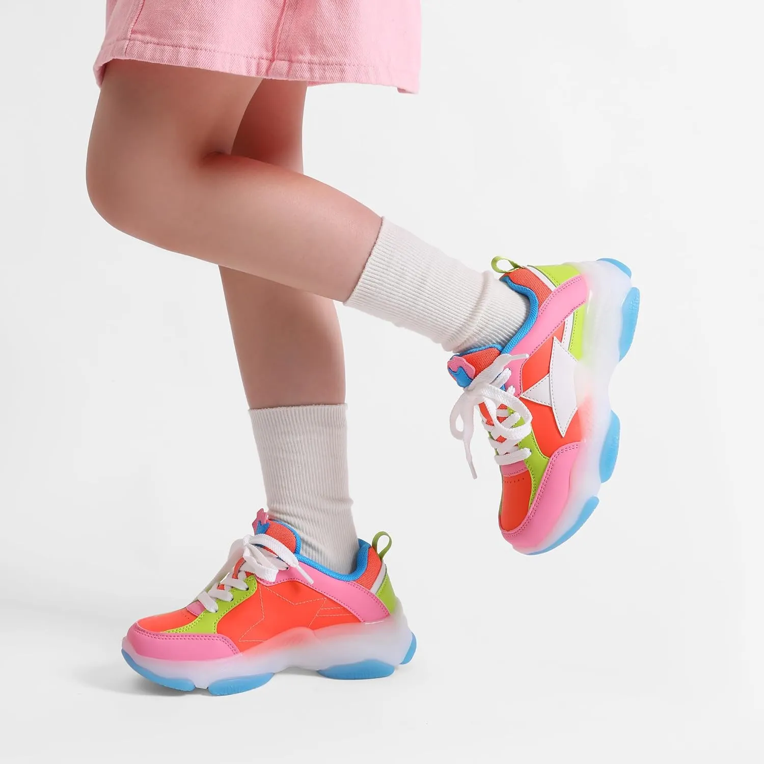 DREAM PAIRS Girls Sneakers Lace up Lightweight Sparkle StarGlow Breathable Jelly Sole Kids Walking Shoes Casual Sports