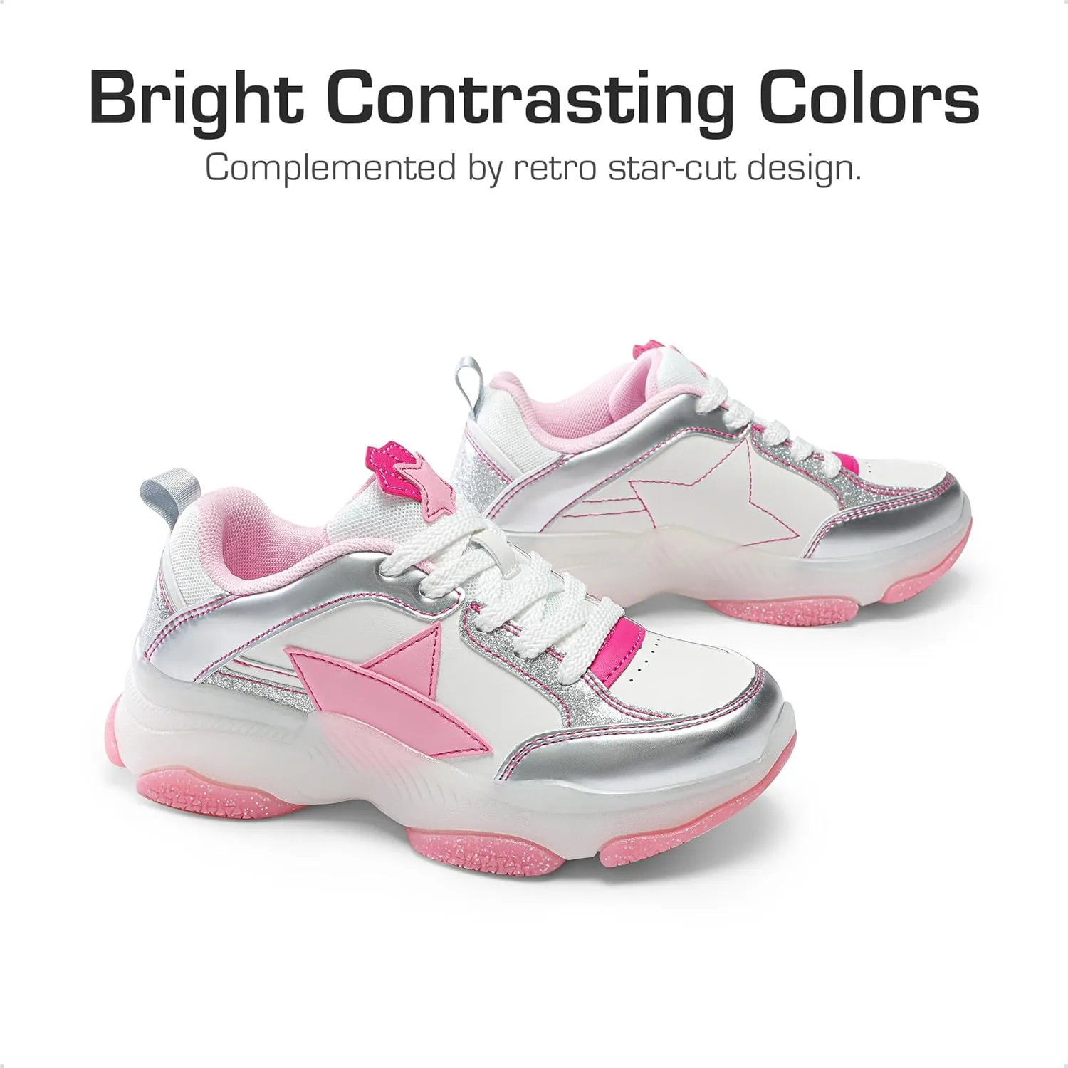 DREAM PAIRS Girls Sneakers Lace up Lightweight Sparkle StarGlow Breathable Jelly Sole Kids Walking Shoes Casual Sports
