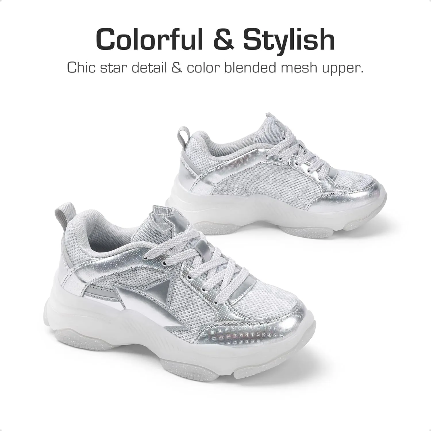 DREAM PAIRS Girls Sneakers Lace up Lightweight Sparkle StarGlow Breathable Jelly Sole Kids Walking Shoes Casual Sports