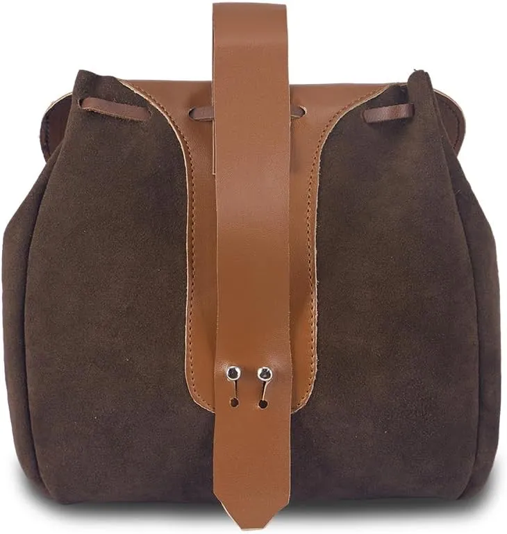 DUNHAO COS Renaissance Belt Pouch Medieval Costume Accessory Leather Drawstring Coin Purse LARP Waist Bag Brown