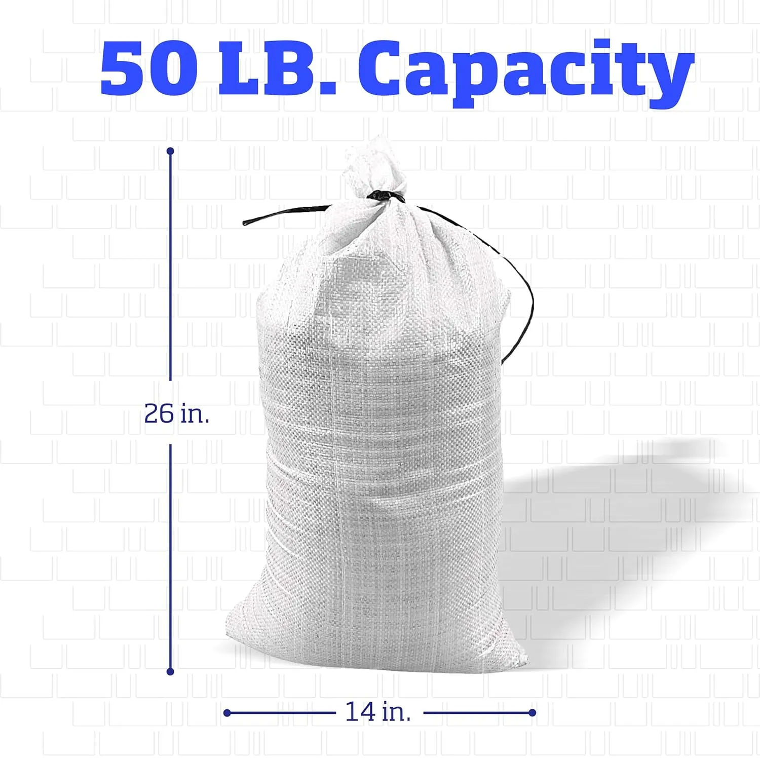 DURASACK Heavy Duty Sand Bags with Tie Strings Empty Woven Polypropylene Sand-Bags for Flood Control with 1600 Hours of UV Protection, 50 lbs Capacity, 14x26 inches, White, Pack of 50