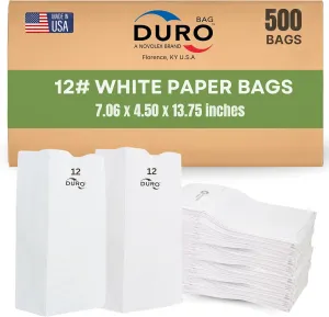 DURO 12# White Paper Lunch Bags 500 Count, Bulk Disposable SOS Paper Bags for Bread, Bagel, Deli & Restaurant Takeout or Delivery - 7.06 x 4.50 x 13.75 Inches