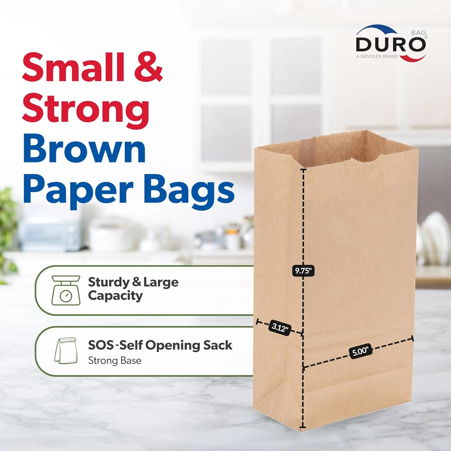 Duro 4# Kraft Paper Lunch Bags 100 Count - Bulk Disposable Paper Sacks, Dubl Life SOS Brown Bag for Candy, Snacks & Treats - 5.00 x 3.12 x 9.75 Inches
