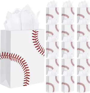durony 16 Pieces Baseball Party Favor Bags with Handles Tissue Paper Baseball Gift paper Bags Goodie Candy Treat Bags for Birthday, Baseball Themed Party Supplies (8.6 x 6.2 x 3.1 Inches)