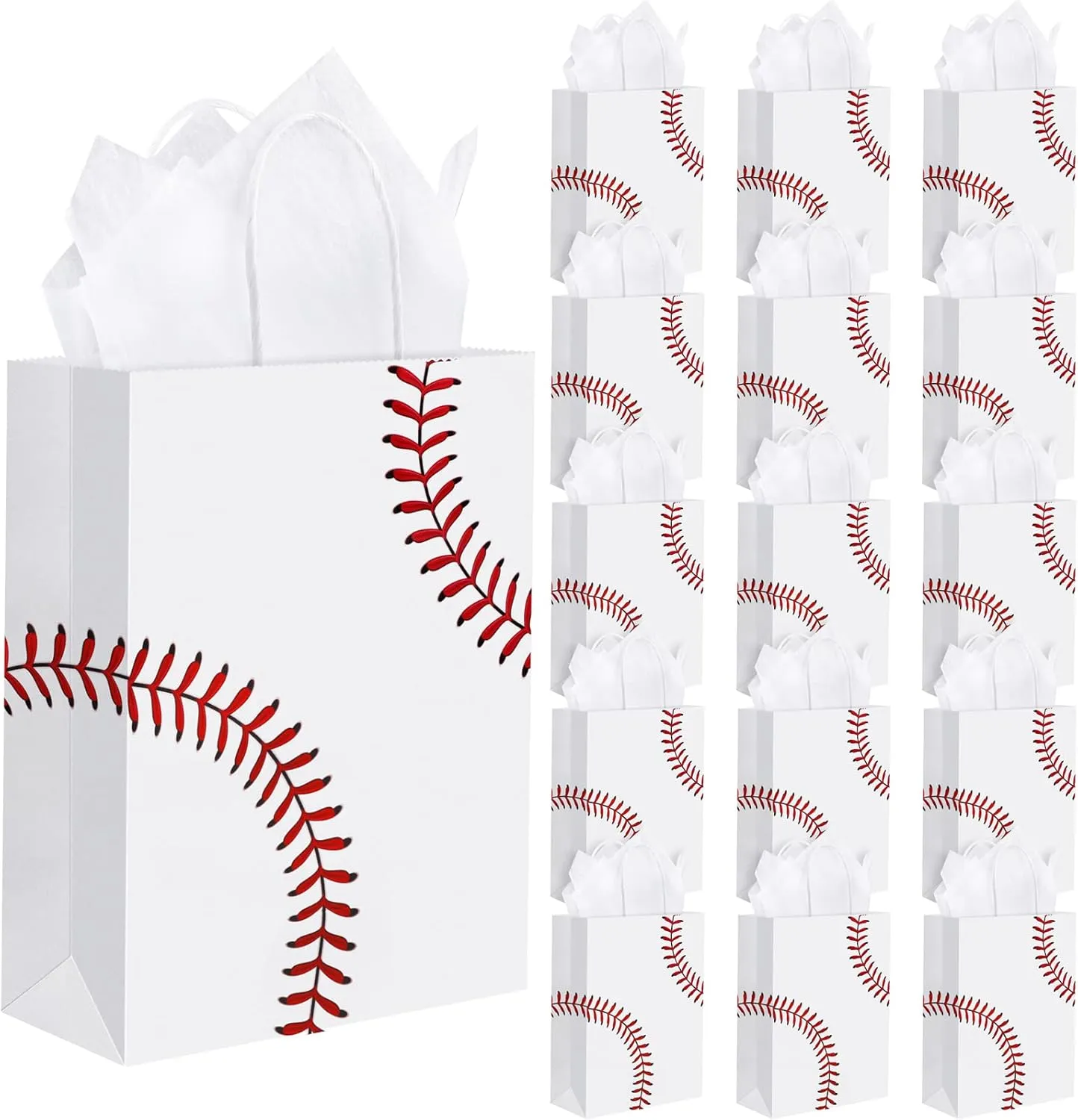 durony 16 Pieces Baseball Party Favor Bags with Handles Tissue Paper Baseball Gift paper Bags Goodie Candy Treat Bags for Birthday, Baseball Themed Party Supplies (8.6 x 6.2 x 3.1 Inches)