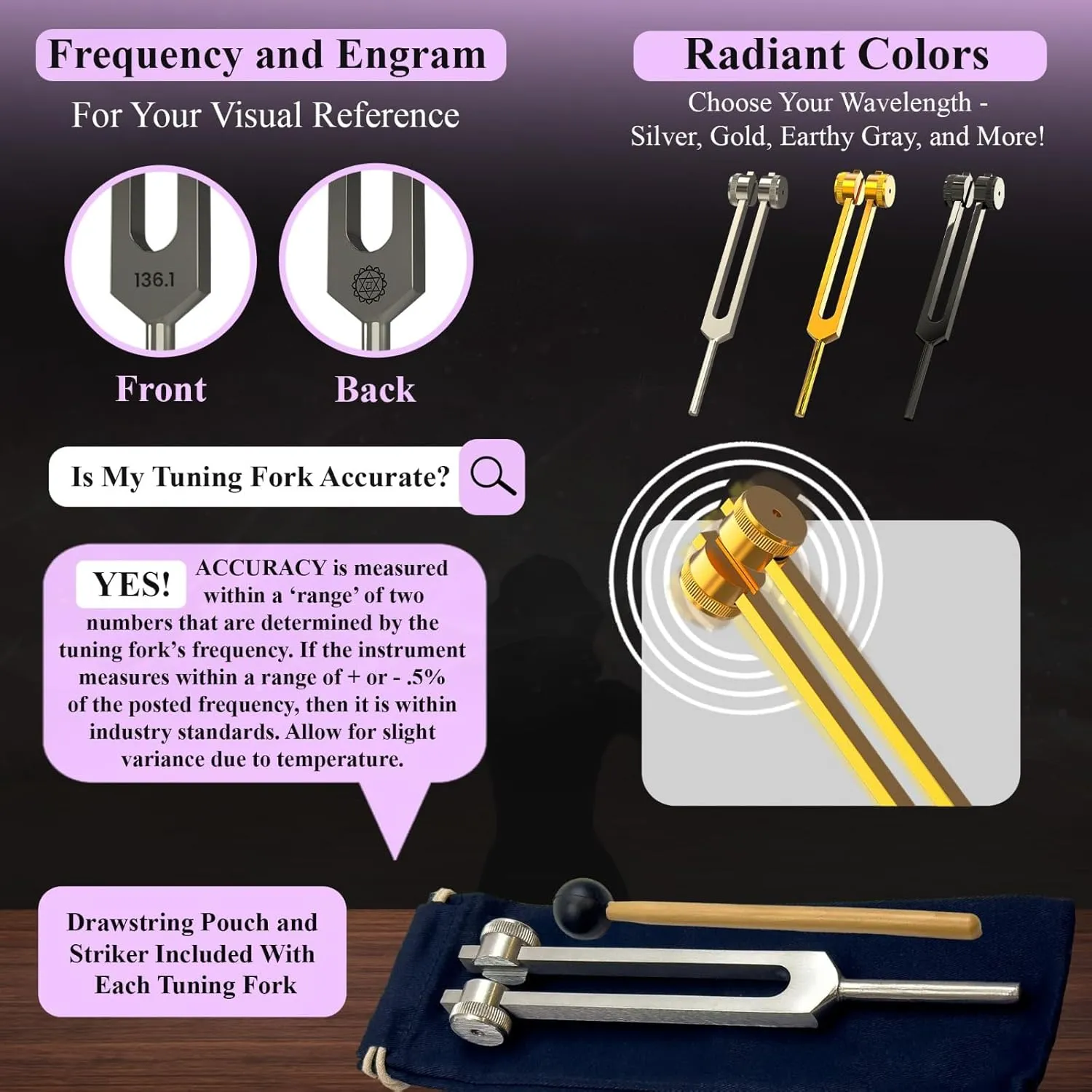 Earth Star 68.05 Hz Weighted Tuning Fork (9th) Carry Bag and Striker - Sound Healing and Biofield Harmonization - Sound Therapy Tools, Sound Healing Instruments - Silver