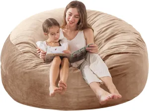 EDUJIN 5 ft XLarge Bean Bag Chair: 5' Memory Foam Filled Bean Bag Chairs for Adults with Filling,Ultra Soft Dutch Velvet Cover,Round Fluffy Lazy Sofa for Living Room - 5 Foot Giant, Camel