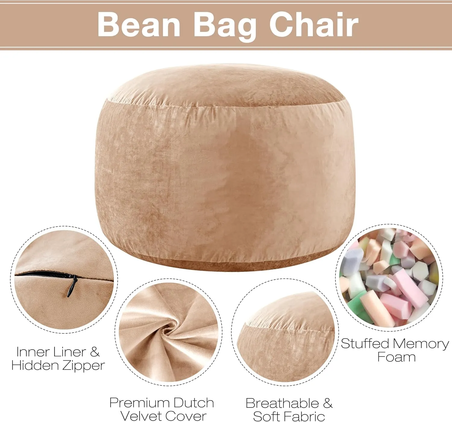 EDUJIN 5 ft XLarge Bean Bag Chair: 5' Memory Foam Filled Bean Bag Chairs for Adults with Filling,Ultra Soft Dutch Velvet Cover,Round Fluffy Lazy Sofa for Living Room - 5 Foot Giant, Camel