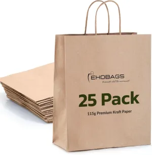 EKOBAGS. Nobelle Kraft Paper Gift Bags with Handles | 10x5x13 inches, 25-Pack | Sturdy Brown Paper Bags Bulk for Retail, Shopping, Party Favors & Small Business | 100% Recyclable & Sustainable