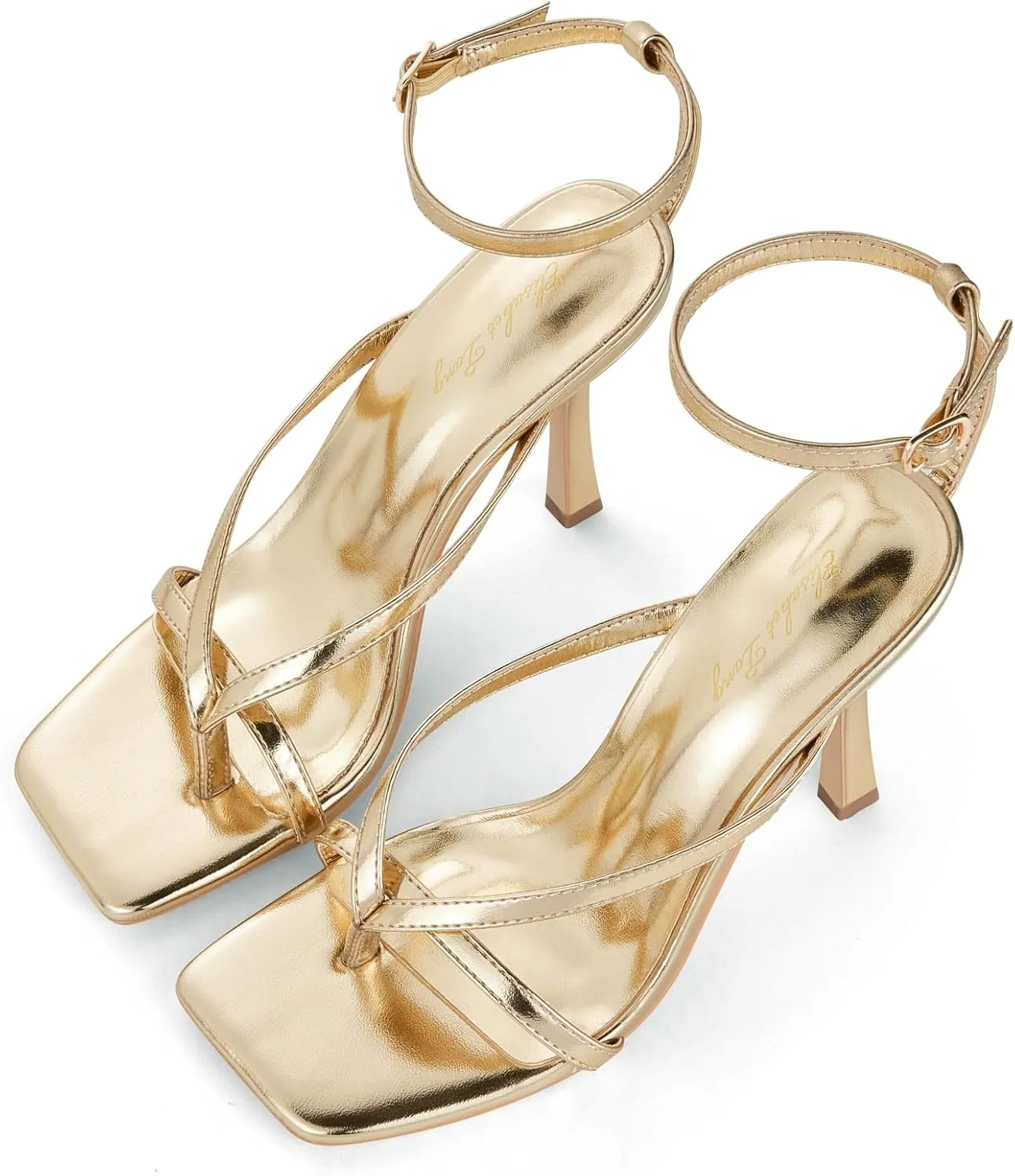 Elisabet Tang Womens Square Toe Heeled Sandals,4.3 inch Square Toe Thong Strappy Ankle Strap Stiletto Heel Sandals Wedding Dress Party Shoes