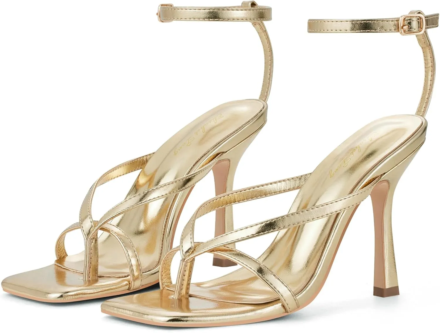 Elisabet Tang Womens Square Toe Heeled Sandals,4.3 inch Square Toe Thong Strappy Ankle Strap Stiletto Heel Sandals Wedding Dress Party Shoes