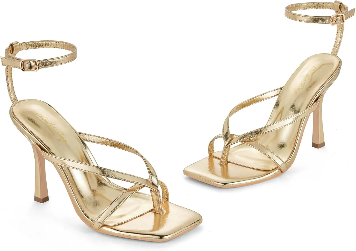 Elisabet Tang Womens Square Toe Heeled Sandals,4.3 inch Square Toe Thong Strappy Ankle Strap Stiletto Heel Sandals Wedding Dress Party Shoes