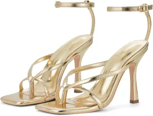 Elisabet Tang Womens Square Toe Heeled Sandals,4.3 inch Square Toe Thong Strappy Ankle Strap Stiletto Heel Sandals Wedding Dress Party Shoes