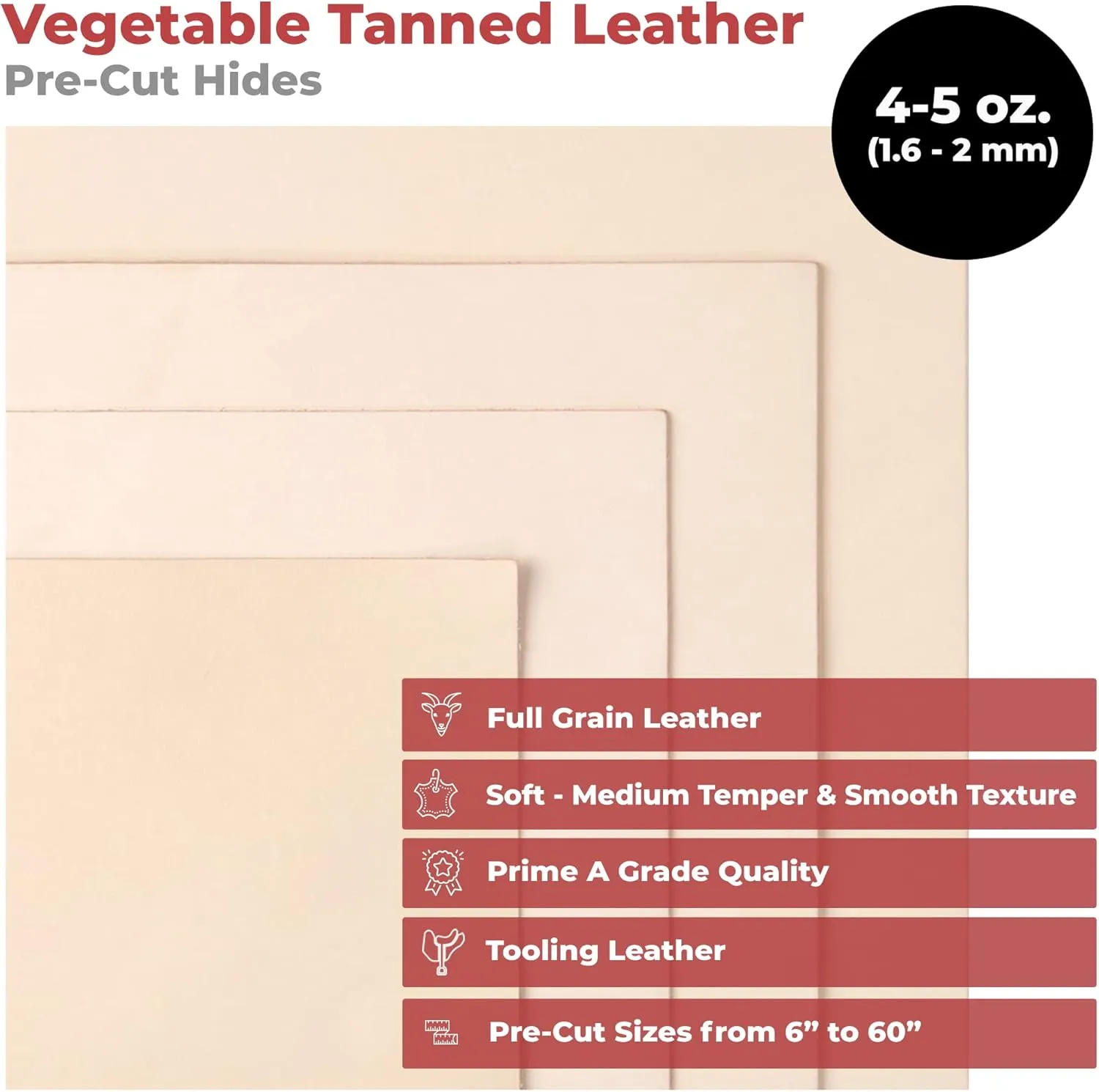 ELW Full Grain Cowhide Leather 4-5 oz [1.6-2mm] Thickness in Pre-Cut Size: 12"x24", AB Grade Hide Vegetable Tanned Leather Using for Tooling, Carving, Molding, Dyeing Material for Craft, Hobby