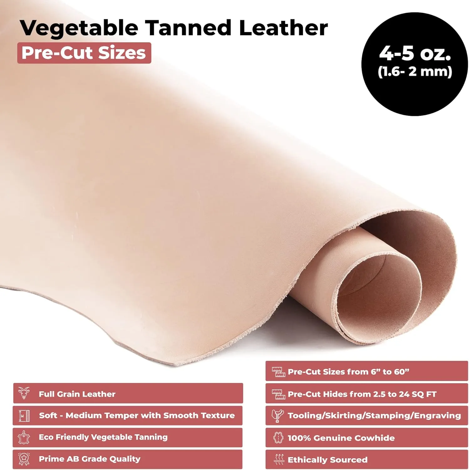 ELW Full Grain Cowhide Leather 4-5 oz [1.6-2mm] Thickness in Pre-Cut Size: 12"x24", AB Grade Hide Vegetable Tanned Leather Using for Tooling, Carving, Molding, Dyeing Material for Craft, Hobby