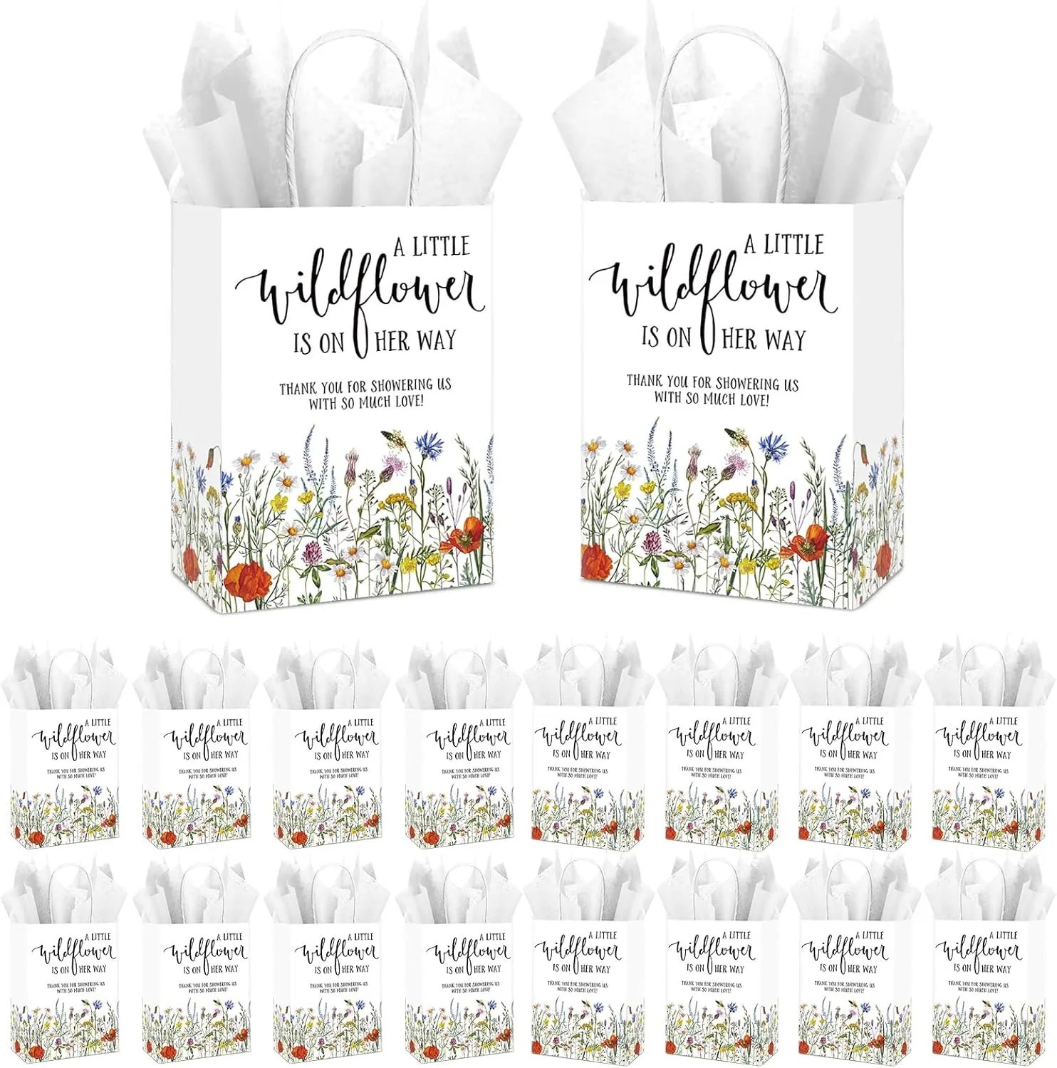 Engrowtic 100 Pcs Wildflower Baby Shower Decorations Includes 50 Wildflower Gift Bags 50 Tissue Paper 8.3 x 5.9 x 3.1 Inch Paper Floral Gift Bags for Baby Shower Birthday Party Supplies Guests Gift