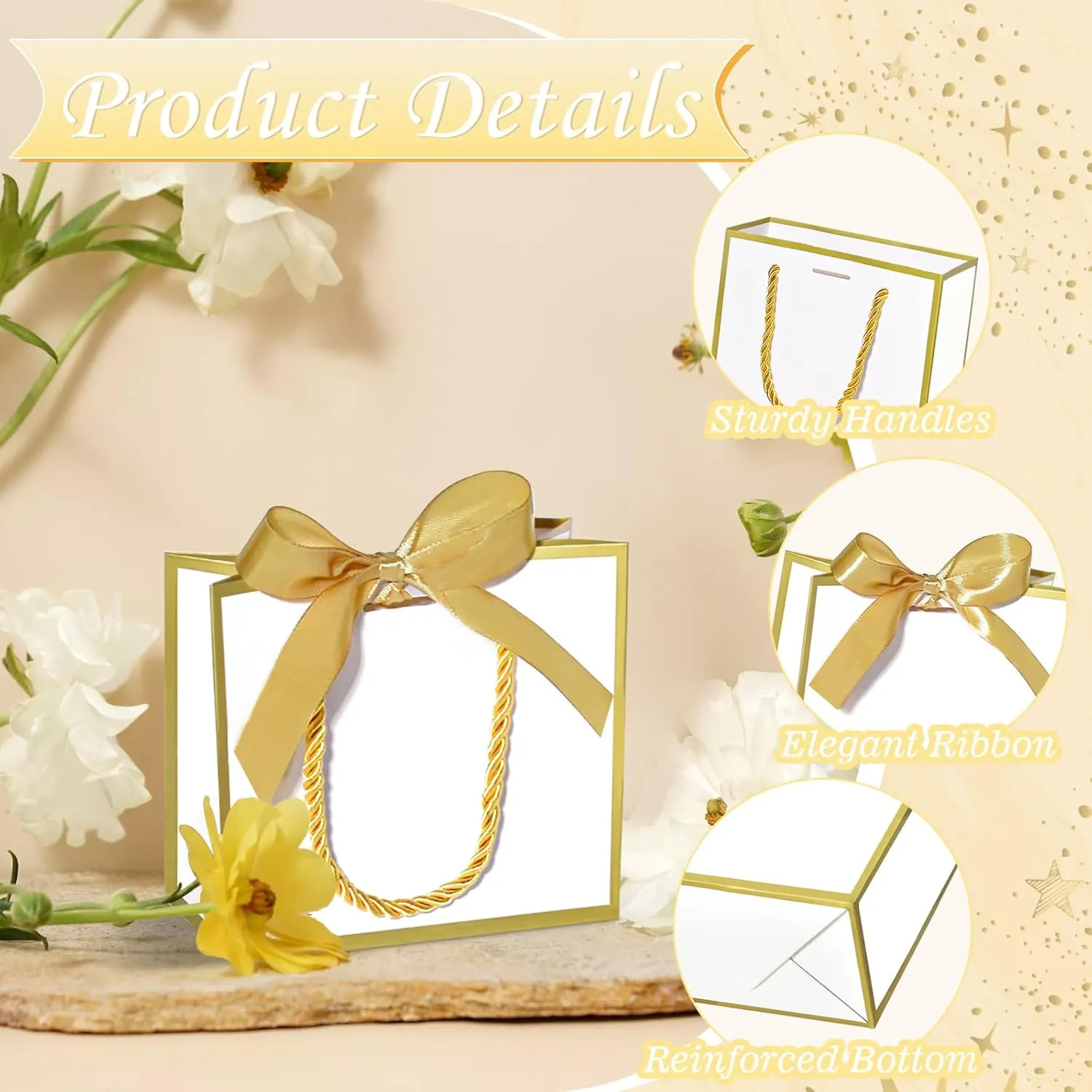 EQOREIIN 50 PCS Small Gift Bags with Handles,White Mini Bag,5.5x 2.5x4.7 Inches Small Thank You Gift Bags Bulk with Ribbon for Party Favors,Mother's Day, Goodie, Weddings,Baby Shower(White Gold)