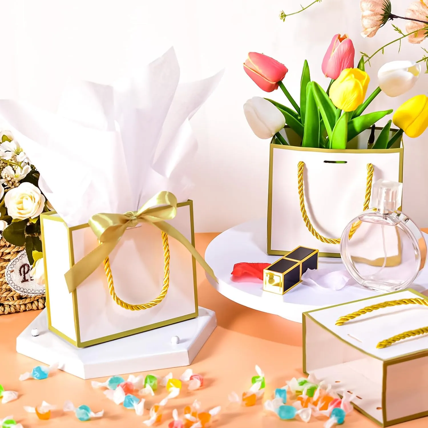 EQOREIIN 50 PCS Small Gift Bags with Handles,White Mini Bag,5.5x 2.5x4.7 Inches Small Thank You Gift Bags Bulk with Ribbon for Party Favors,Mother's Day, Goodie, Weddings,Baby Shower(White Gold)