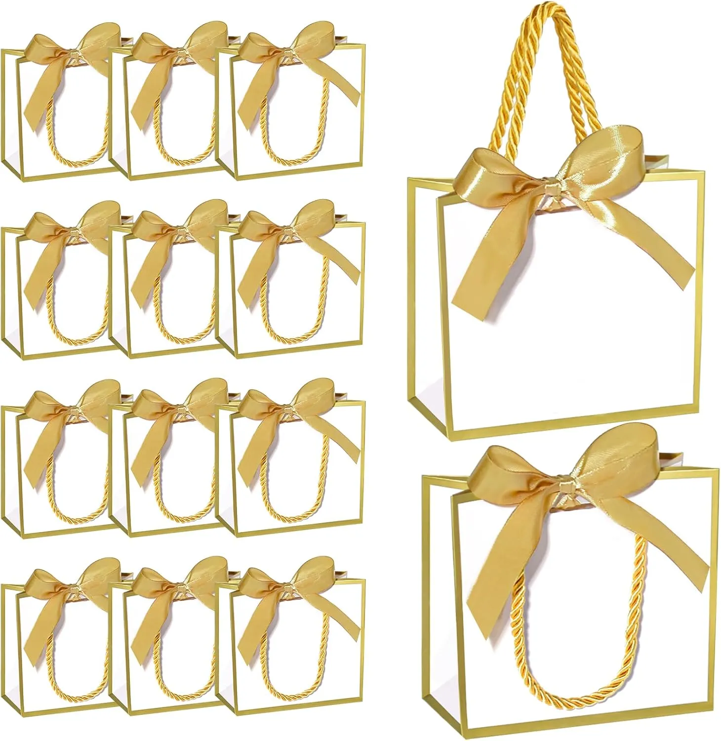 EQOREIIN 50 PCS Small Gift Bags with Handles,White Mini Bag,5.5x 2.5x4.7 Inches Small Thank You Gift Bags Bulk with Ribbon for Party Favors,Mother's Day, Goodie, Weddings,Baby Shower(White Gold)