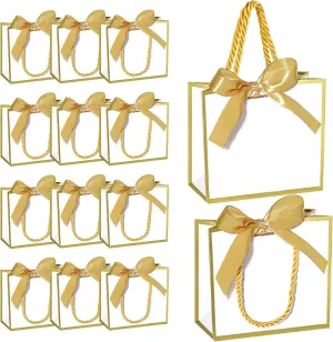 EQOREIIN 50 PCS Small Gift Bags with Handles,White Mini Bag,5.5x 2.5x4.7 Inches Small Thank You Gift Bags Bulk with Ribbon for Party Favors,Mother's Day, Goodie, Weddings,Baby Shower(White Gold)