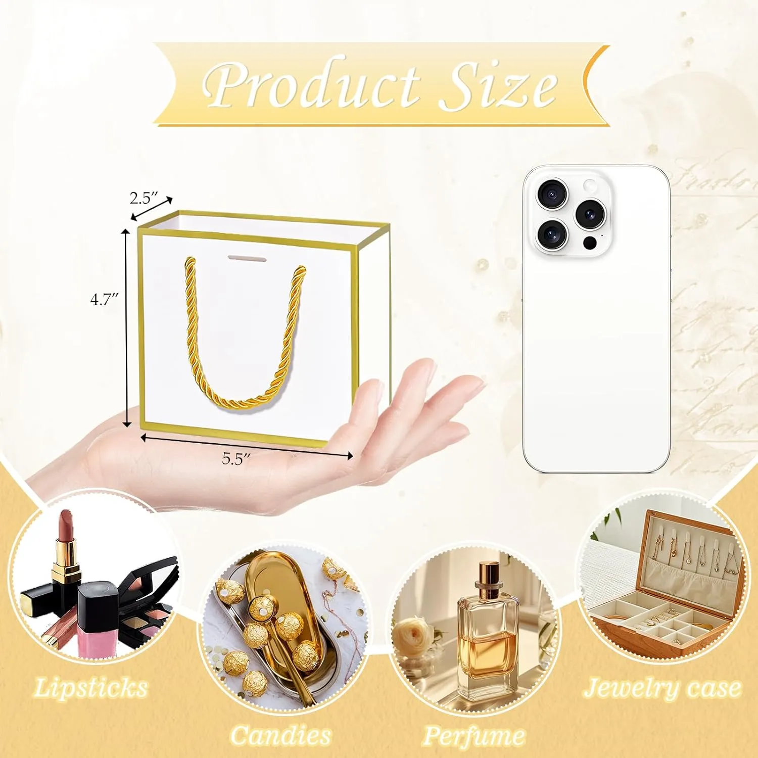 EQOREIIN 50 PCS Small Gift Bags with Handles,White Mini Bag,5.5x 2.5x4.7 Inches Small Thank You Gift Bags Bulk with Ribbon for Party Favors,Mother's Day, Goodie, Weddings,Baby Shower(White Gold)