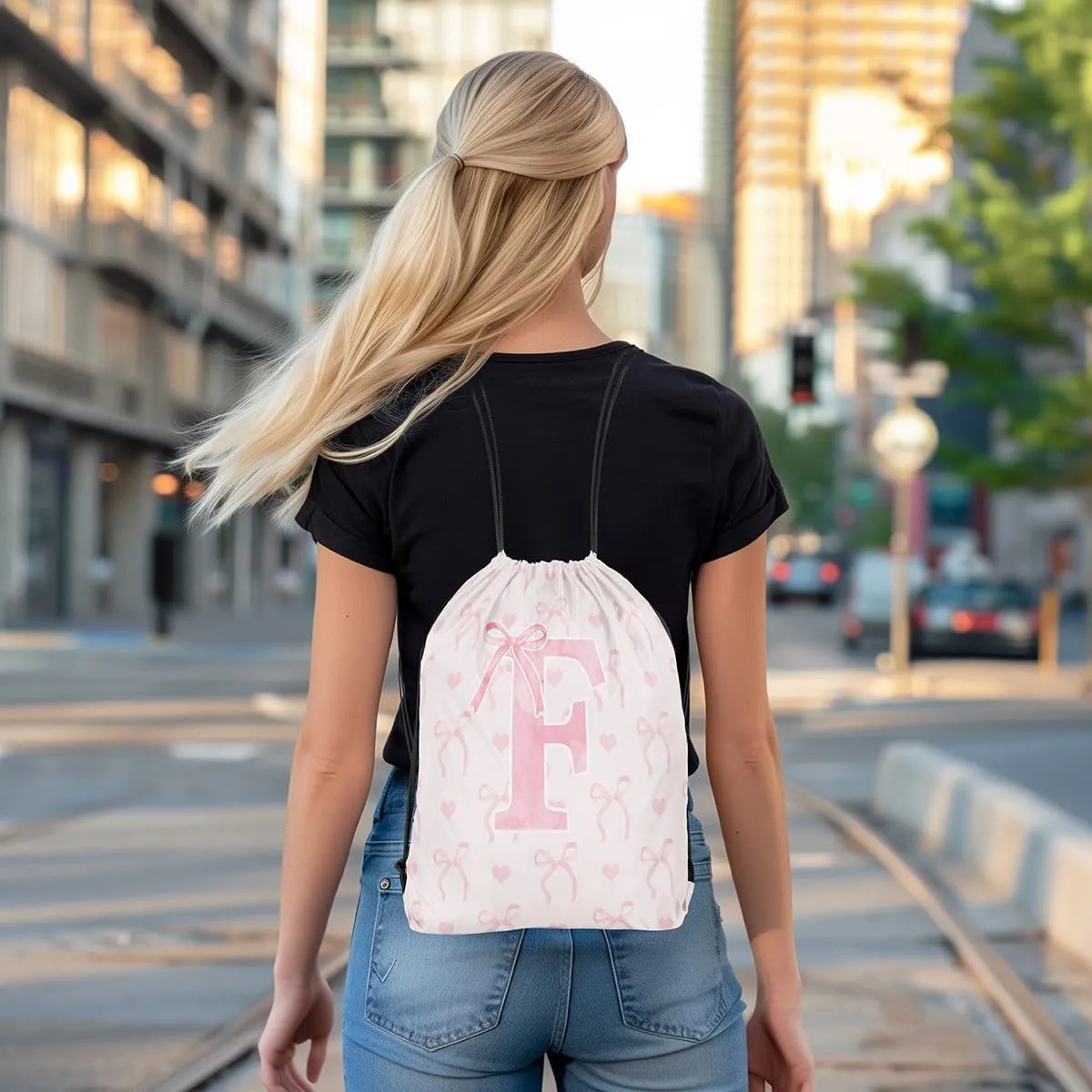 Erosebridal Pink Letter F String Bag 13x15.7 Romantic Butterfly Knot Cute English Alphabet Sackpack Dreamy Princess Reversible foldable Love Heart Cinch Bag