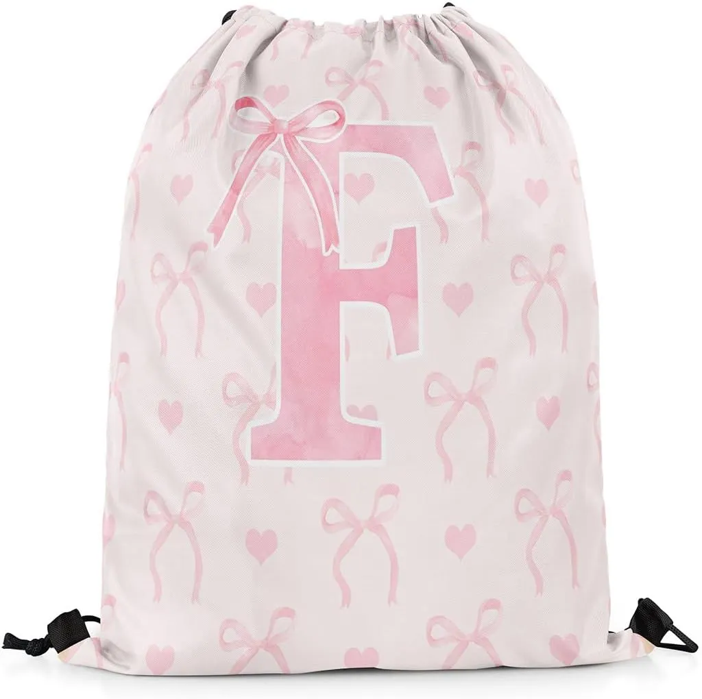 Erosebridal Pink Letter F String Bag 13x15.7 Romantic Butterfly Knot Cute English Alphabet Sackpack Dreamy Princess Reversible foldable Love Heart Cinch Bag