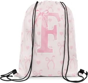 Erosebridal Pink Letter F String Bag 13x15.7 Romantic Butterfly Knot Cute English Alphabet Sackpack Dreamy Princess Reversible foldable Love Heart Cinch Bag