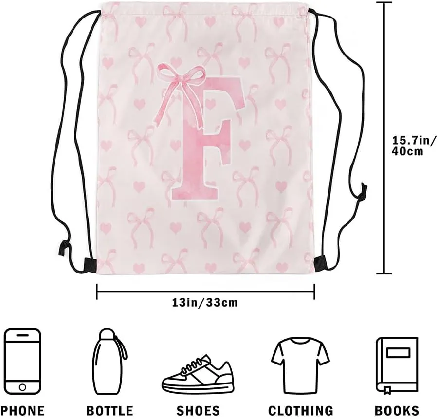 Erosebridal Pink Letter F String Bag 13x15.7 Romantic Butterfly Knot Cute English Alphabet Sackpack Dreamy Princess Reversible foldable Love Heart Cinch Bag