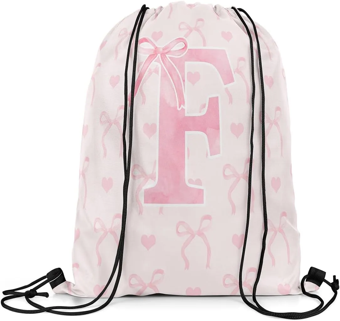 Erosebridal Pink Letter F String Bag 13x15.7 Romantic Butterfly Knot Cute English Alphabet Sackpack Dreamy Princess Reversible foldable Love Heart Cinch Bag