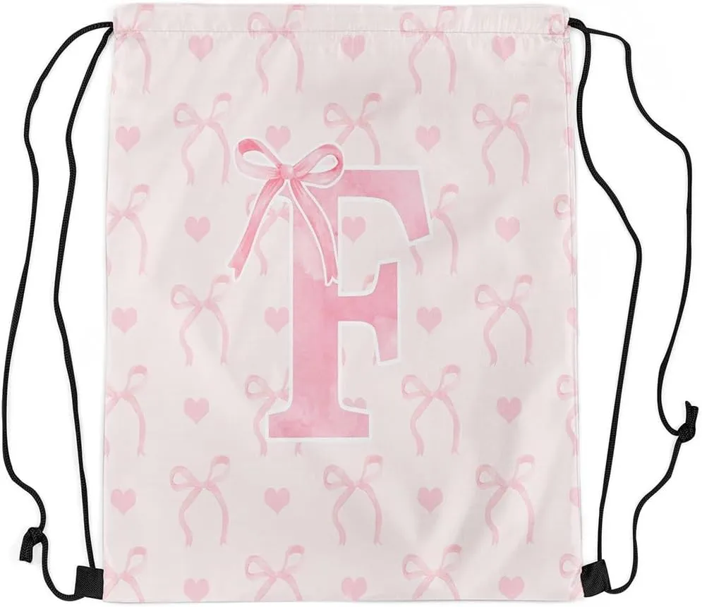 Erosebridal Pink Letter F String Bag 13x15.7 Romantic Butterfly Knot Cute English Alphabet Sackpack Dreamy Princess Reversible foldable Love Heart Cinch Bag