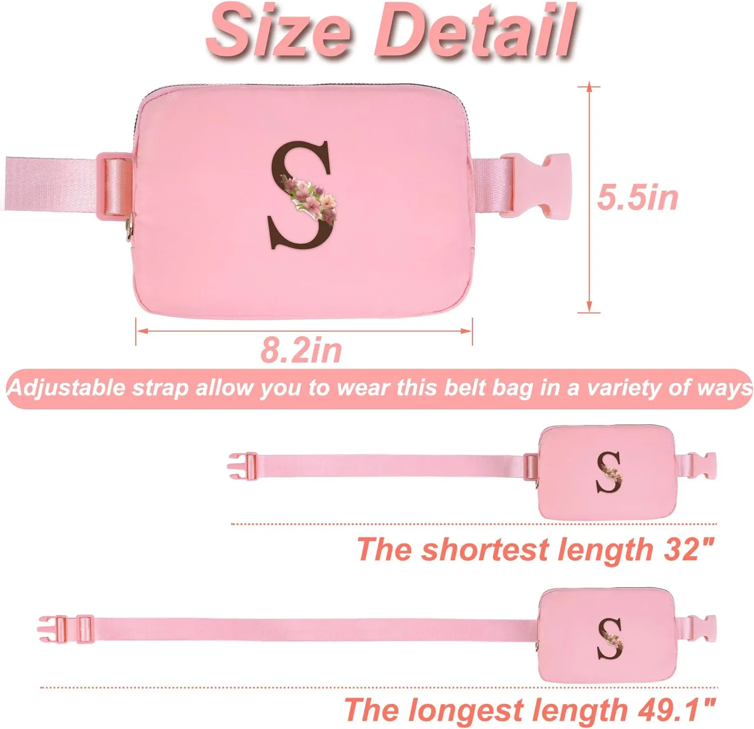 Essentials for Girls - Travel Essentials,Teen Girl Essentials,Essentials for Teen Girls,Fashion Waist Packs Cute Teen Trendy Stuff Belt Bag Crossbody,Initial White S,Pink Bag, Peach, YB03B