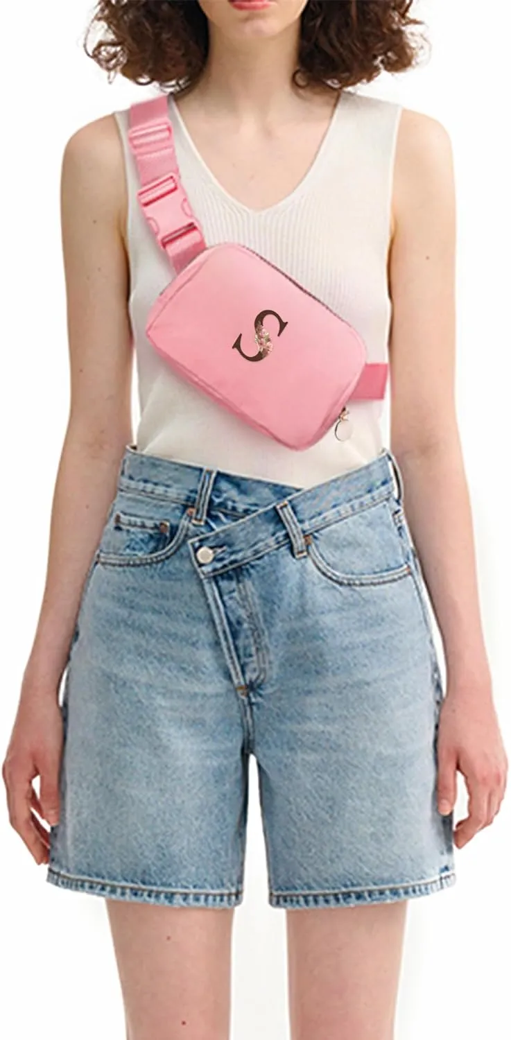 Essentials for Girls - Travel Essentials,Teen Girl Essentials,Essentials for Teen Girls,Fashion Waist Packs Cute Teen Trendy Stuff Belt Bag Crossbody,Initial White S,Pink Bag, Peach, YB03B