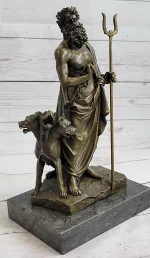 EUROPEAN BRONZE Hades Pluto God of Underworld & Cerberus Statue Sculpture Genuine Bronze 11.5 in Decorative Real Artwork Decor