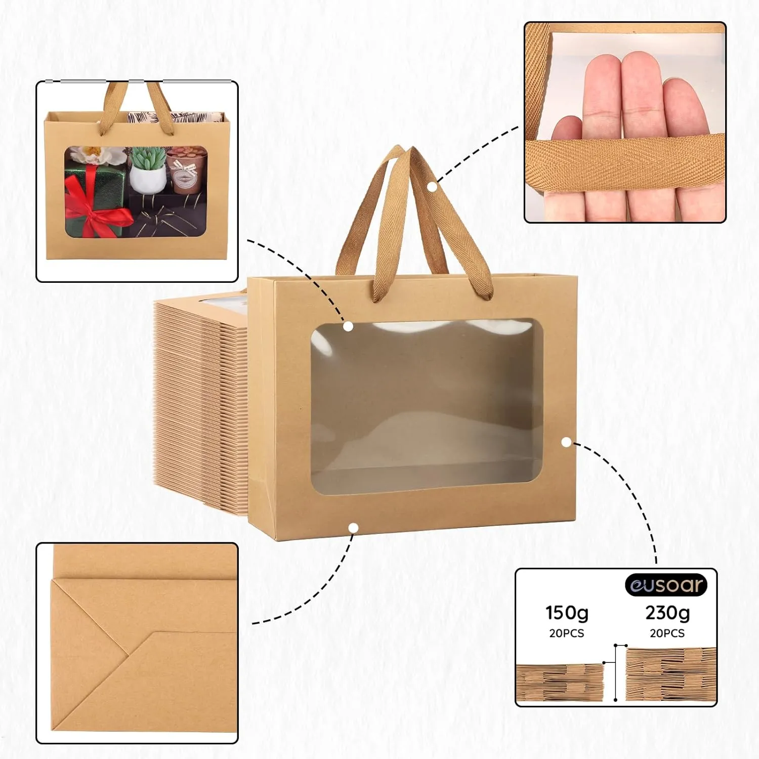 EUSOAR Gift Bags with Transparent Window, 20pcs Brown Clear Paper Tote Bags, 10.6"x3.1"x8.3" for Weddings & Festivals